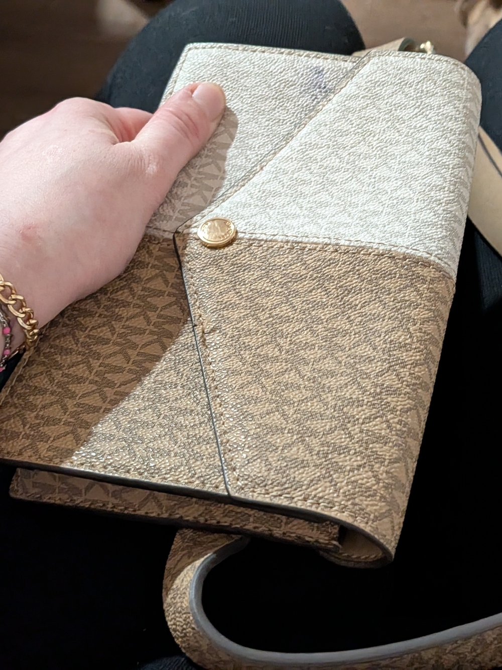 Michael Kors Metallic Gold and Beige MK Logo Patchwork Crossbody Wallet